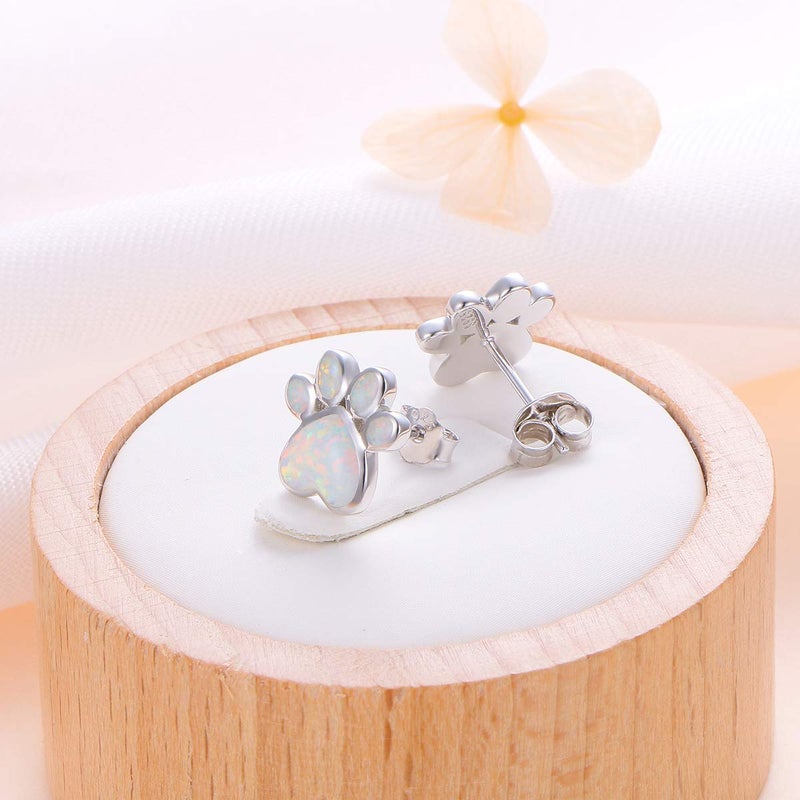 Ladytree S925 Sterling Silver Jewelry Puppy Dog Cat Pet Paw Print White Simulated Opal Stud Earrings - Image 3